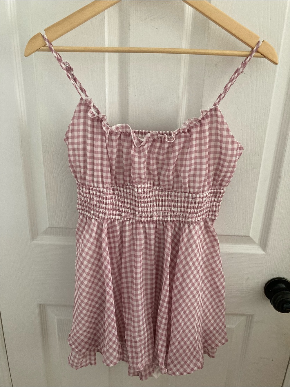 Light Purple Gingham Romper with Smocked Waist